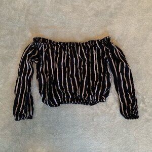 Adorable Navy & White Off the Shoulder Crop Top